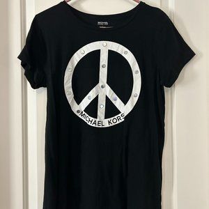 MICHAEL KORS short sleeve black tshirt w/ white peace sign and studs Size Large
